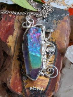 Rainbow Aura Quartz And Mushrooms Artisan Made Sterling Silver Necklace. A9c Rainbow Aura Quartz And Mushrooms Artisan Made Sterling Silver Necklace. A9c