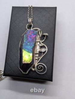 Rainbow Aura Quartz And Mushrooms Artisan Made Sterling Silver Necklace. A9c Rainbow Aura Quartz And Mushrooms Artisan Made Sterling Silver Necklace. A9c