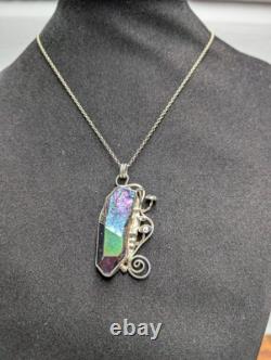 Rainbow Aura Quartz And Mushrooms Artisan Made Sterling Silver Necklace. A9c Rainbow Aura Quartz And Mushrooms Artisan Made Sterling Silver Necklace. A9c