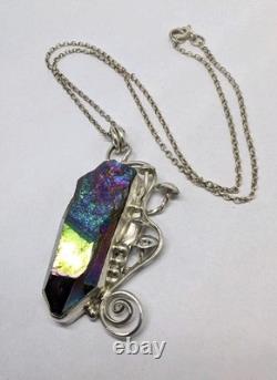 Rainbow Aura Quartz And Mushrooms Artisan Made Sterling Silver Necklace. A9c Rainbow Aura Quartz And Mushrooms Artisan Made Sterling Silver Necklace. A9c