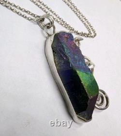Rainbow Aura Quartz And Mushrooms Artisan Made Sterling Silver Necklace. A9c Rainbow Aura Quartz And Mushrooms Artisan Made Sterling Silver Necklace. A9c