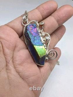 Rainbow Aura Quartz And Mushrooms Artisan Made Sterling Silver Necklace. A9c Rainbow Aura Quartz And Mushrooms Artisan Made Sterling Silver Necklace. A9c