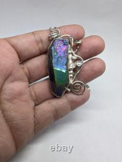 Rainbow Aura Quartz And Mushrooms Artisan Made Sterling Silver Necklace. A9c Rainbow Aura Quartz And Mushrooms Artisan Made Sterling Silver Necklace. A9c