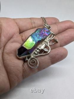 Rainbow Aura Quartz And Mushrooms Artisan Made Sterling Silver Necklace. A9c Rainbow Aura Quartz And Mushrooms Artisan Made Sterling Silver Necklace. A9c