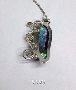 Rainbow Aura Quartz And Mushrooms Artisan Made Sterling Silver Necklace. A9c Rainbow Aura Quartz And Mushrooms Artisan Made Sterling Silver Necklace. A9c