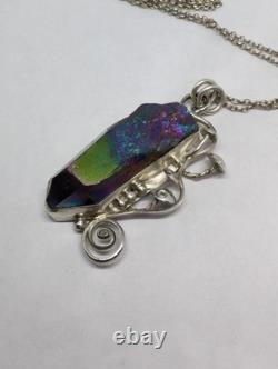 Rainbow Aura Quartz And Mushrooms Artisan Made Sterling Silver Necklace. A9c Rainbow Aura Quartz And Mushrooms Artisan Made Sterling Silver Necklace. A9c