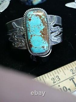 Rare Pawn Zuni Sterling Ingot Cuff Snakes Hand Made 58 Grams #8 Turquoise