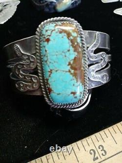 Rare Pawn Zuni Sterling Ingot Cuff Snakes Hand Made 58 Grams #8 Turquoise