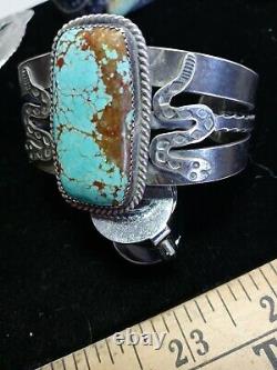 Rare Pawn Zuni Sterling Ingot Cuff Snakes Hand Made 58 Grams #8 Turquoise