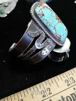 Rare Pawn Zuni Sterling Ingot Cuff Snakes Hand Made 58 Grams #8 Turquoise