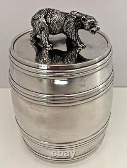 Rare Russian Made For Tiffany Sterling Barrel Form Jar With Figural Bear C. 1890