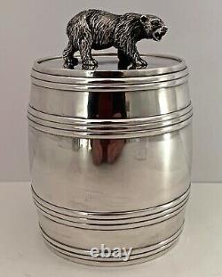 Rare Russian Made For Tiffany Sterling Barrel Form Jar With Figural Bear C. 1890