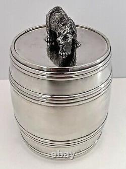 Rare Russian Made For Tiffany Sterling Barrel Form Jar With Figural Bear C. 1890