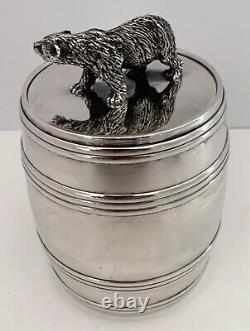 Rare Russian Made For Tiffany Sterling Barrel Form Jar With Figural Bear C. 1890