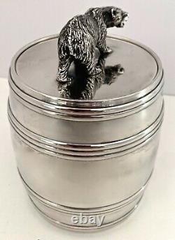 Rare Russian Made For Tiffany Sterling Barrel Form Jar With Figural Bear C. 1890