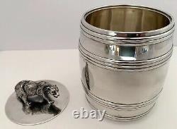 Rare Russian Made For Tiffany Sterling Barrel Form Jar With Figural Bear C. 1890