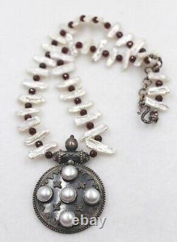 Rare Vintage 925 Sterling Silver Garnet & Pearl Pendant Necklace Made In India