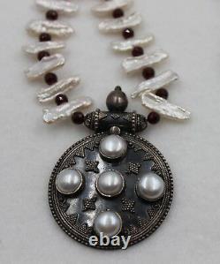 Rare Vintage 925 Sterling Silver Garnet & Pearl Pendant Necklace Made In India