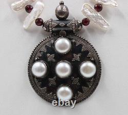 Rare Vintage 925 Sterling Silver Garnet & Pearl Pendant Necklace Made In India