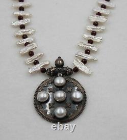 Rare Vintage 925 Sterling Silver Garnet & Pearl Pendant Necklace Made In India