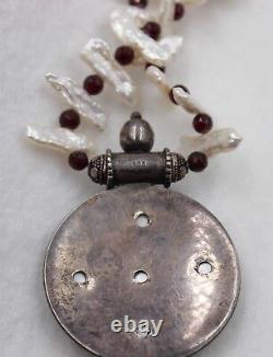 Rare Vintage 925 Sterling Silver Garnet & Pearl Pendant Necklace Made In India