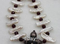 Rare Vintage 925 Sterling Silver Garnet & Pearl Pendant Necklace Made In India