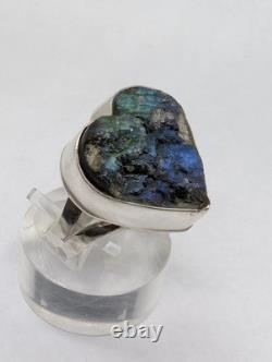 Raw Labradorite Heart Artisan Hand Made Sterling Silver Ring Sz9.5. A7e