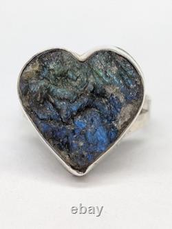 Raw Labradorite Heart Artisan Hand Made Sterling Silver Ring Sz9.5. A7e