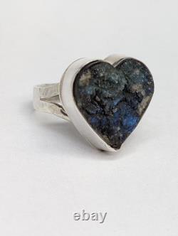 Raw Labradorite Heart Artisan Hand Made Sterling Silver Ring Sz9.5. A7e