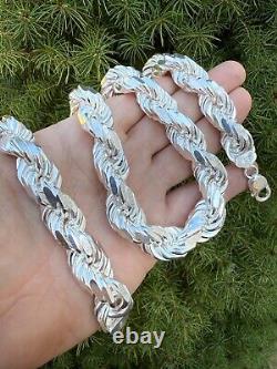 Real Solid 925 Silver 14.5mm Thick Men's Rope Chain Dookie Necklace ITALY MADE