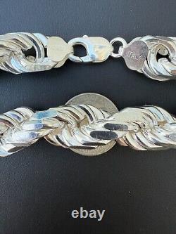Real Solid 925 Silver 14.5mm Thick Men's Rope Chain Dookie Necklace ITALY MADE