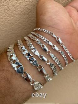 Real Solid 925 Sterling Silver Flat Curb Cuban Link Bracelet 3-10.5mm ITALY MADE