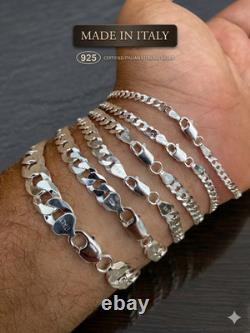 Real Solid 925 Sterling Silver Flat Curb Cuban Link Bracelet 3-10mm ITALY MADE
