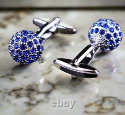 Round Lab Sapphire Cufflinks 925 Sterling Silver Handmade Statement High Jewelry