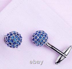 Round Lab Sapphire Cufflinks 925 Sterling Silver Handmade Statement High Jewelry