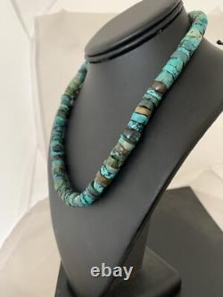 Rustic Turquoise Heishi 11mm Navajo Sterling Silver Bead Necklace 00639
