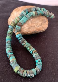 Rustic Turquoise Heishi 11mm Navajo Sterling Silver Bead Necklace 00639