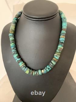 Rustic Turquoise Heishi 11mm Navajo Sterling Silver Bead Necklace 00639
