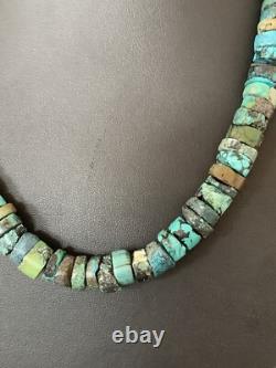 Rustic Turquoise Heishi 11mm Navajo Sterling Silver Bead Necklace 00639