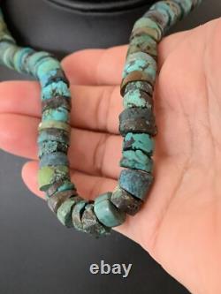 Rustic Turquoise Heishi 11mm Navajo Sterling Silver Bead Necklace 00639