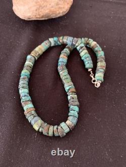 Rustic Turquoise Heishi 11mm Navajo Sterling Silver Bead Necklace 00639