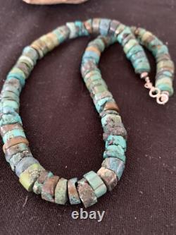 Rustic Turquoise Heishi 11mm Navajo Sterling Silver Bead Necklace 00639