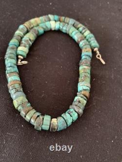 Rustic Turquoise Heishi 11mm Navajo Sterling Silver Bead Necklace 00639