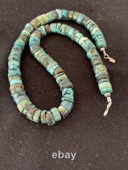 Rustic Turquoise Heishi 11mm Navajo Sterling Silver Bead Necklace 00639