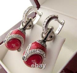 SALE! BEAUTIFUL MADE OF STERLING SILVER 925 EARRINGS with GENUINE CORAL & ENAMEL