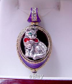 SALE! SUPERB RUSSIAN EGG PENDANT MADE OF STERLING SILVER 925 ENAMEL with CAT