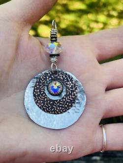 STERLING SILVER Boho Pendant Artisan Made Sterling And COPPER PENDANT SWAROVSKI