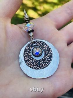 STERLING SILVER Boho Pendant Artisan Made Sterling And COPPER PENDANT SWAROVSKI