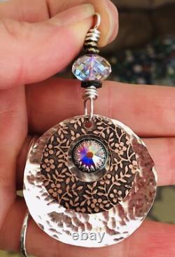 STERLING SILVER Boho Pendant Artisan Made Sterling And COPPER PENDANT SWAROVSKI