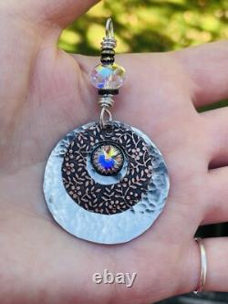 STERLING SILVER Boho Pendant Artisan Made Sterling And COPPER PENDANT SWAROVSKI